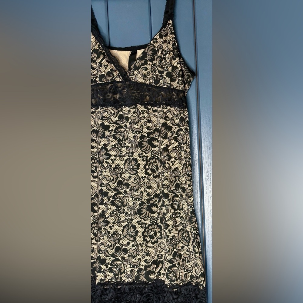 Floral Chemise Nightie L XL Beige Black Slip Dress Whimsigoth Dark Romance - Picture 2 of 5